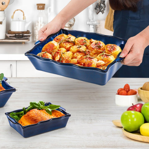 Peohud casserole dishes on dining table showing attractive oven-to-table serving