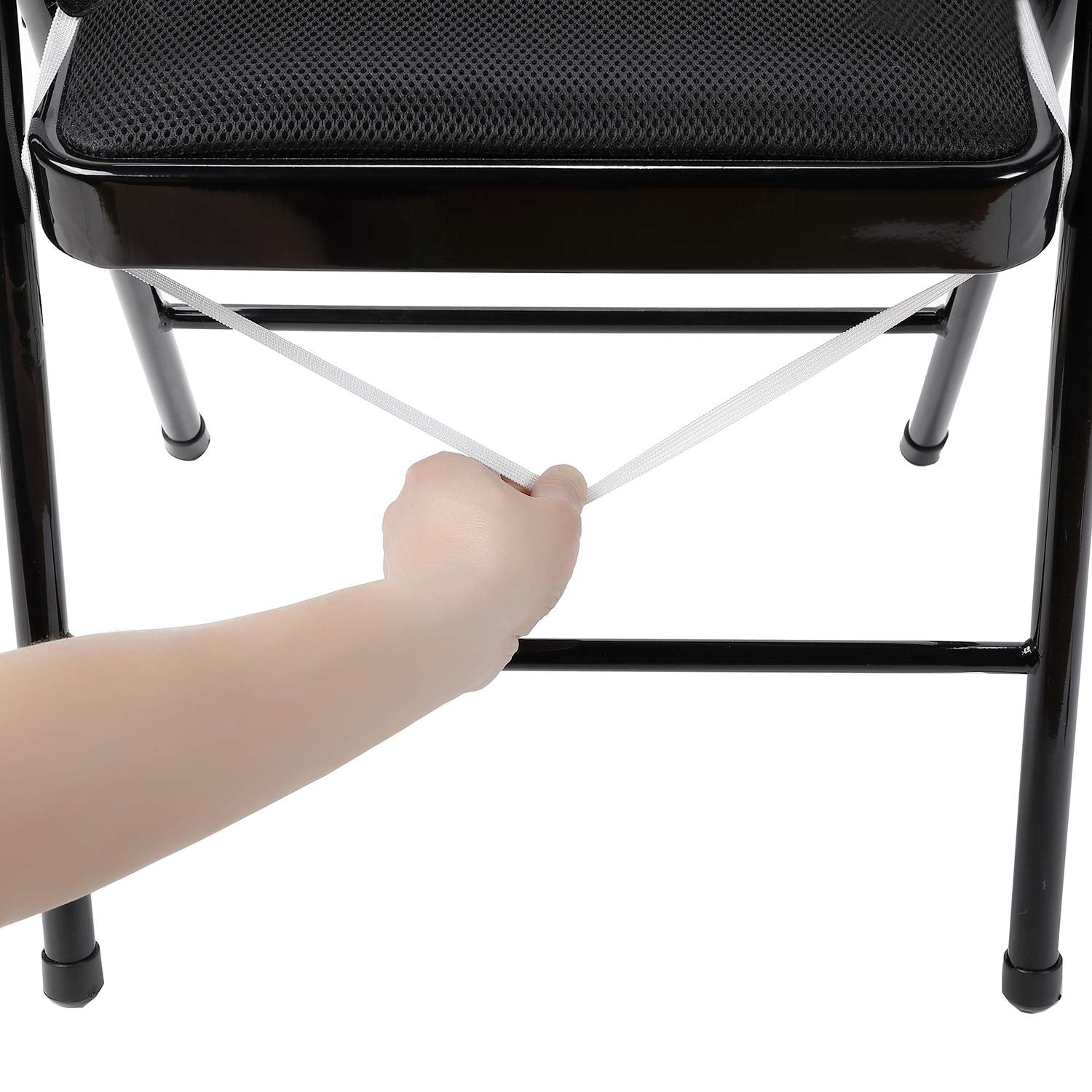 Peomeise side profile on folding chair demonstrating tailored fit and comfort