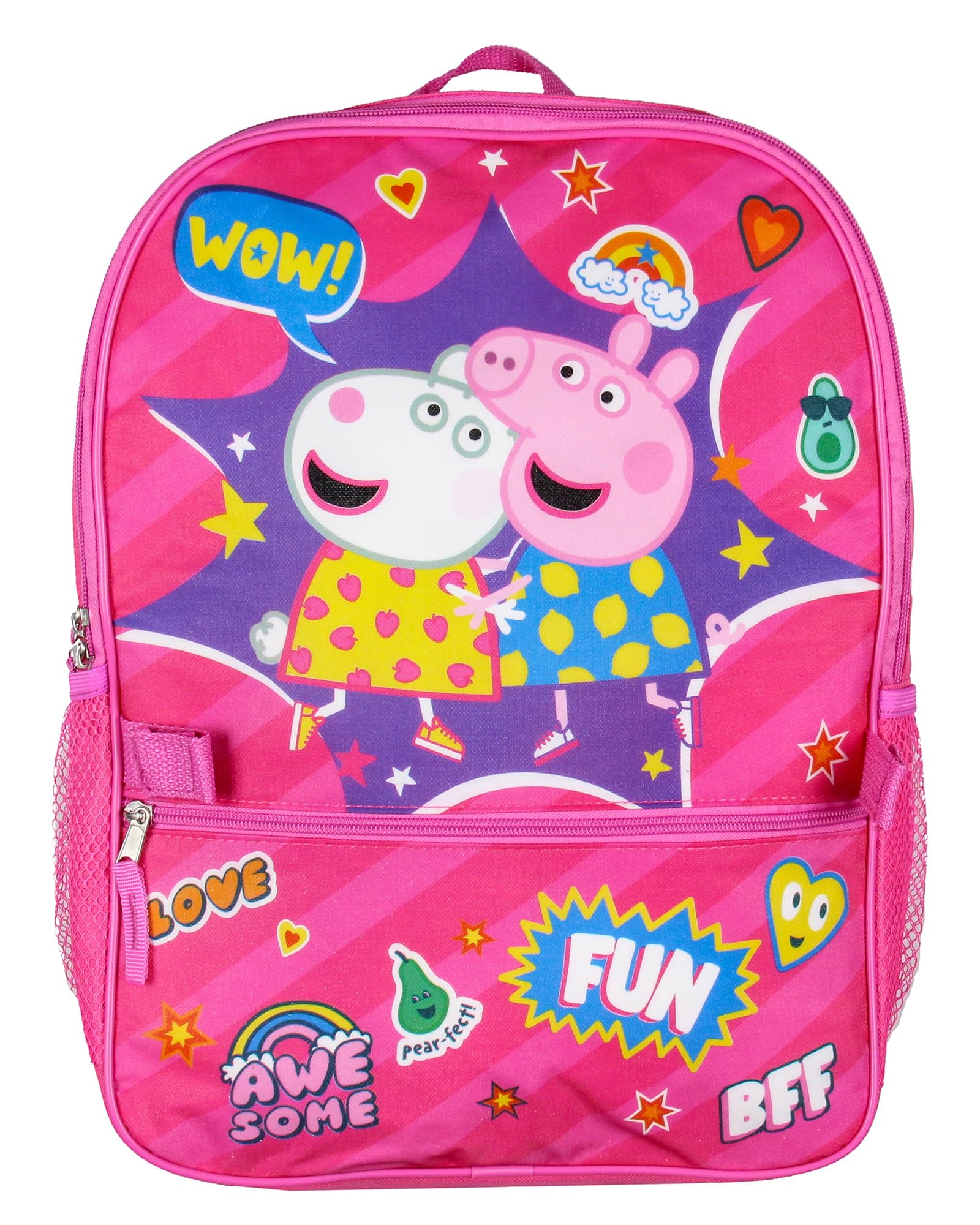 Peppa Pig backpack open to show interior compartment and organization benefit