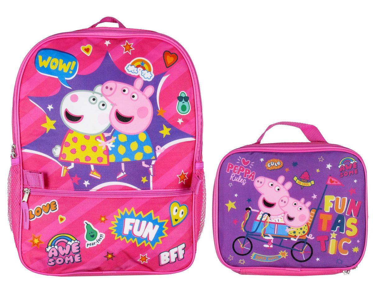 Peppa Pig front view of backpack set showing colorful design and storage benefit