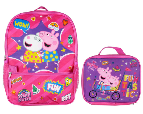 Peppa Pig front view of backpack set showing colorful design and storage benefit