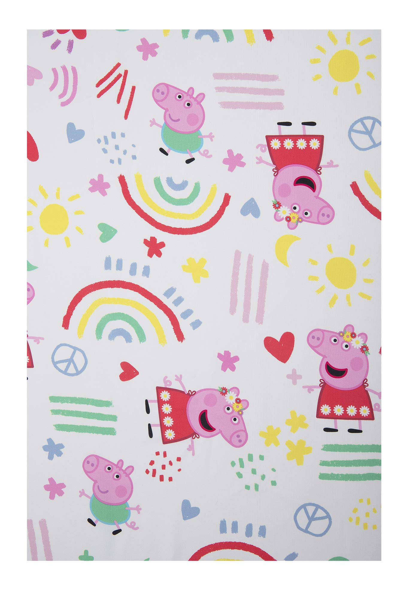 Peppa Pig flat and fitted sheets laid out to show exact toddler mattress fit