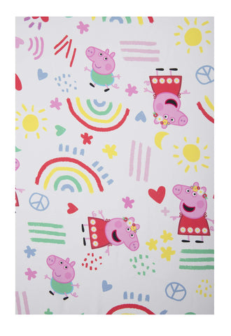 Peppa Pig flat and fitted sheets laid out to show exact toddler mattress fit