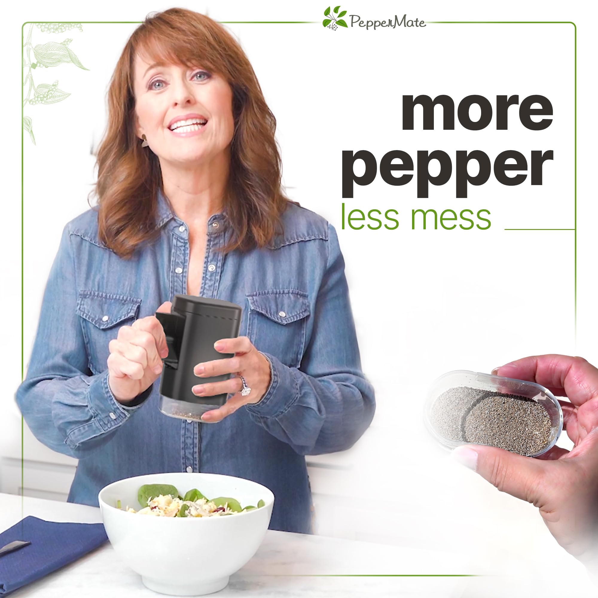 PepperMate ceramic grinder close-up showing non-corrosive mechanism and durability