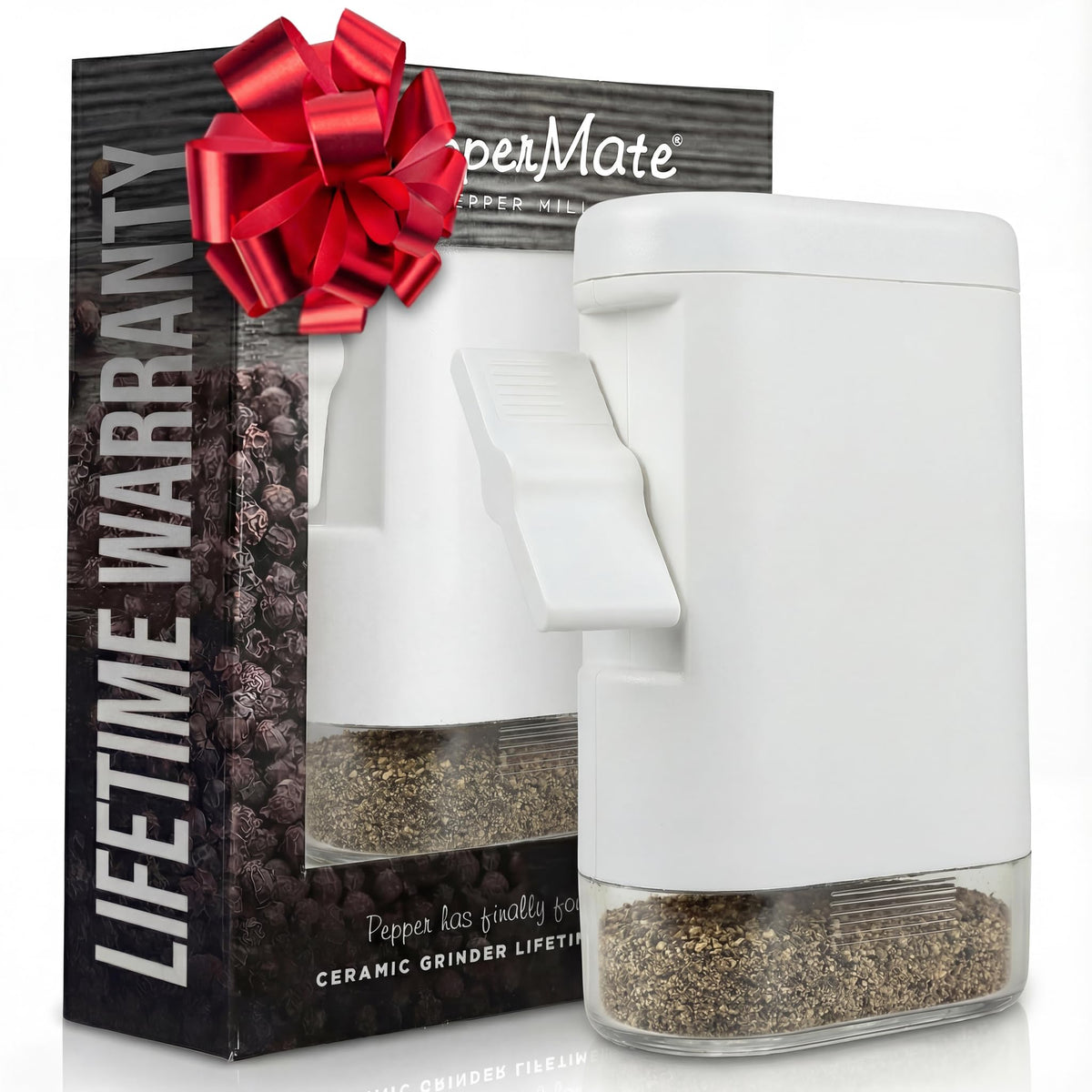 PepperMate front view showing elegant pepper mill and clear window benefit