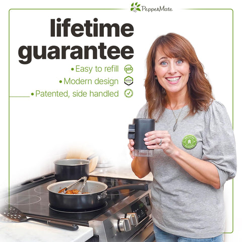 PepperMate beside ruler showing 5.5 inch scale for compact kitchen storage