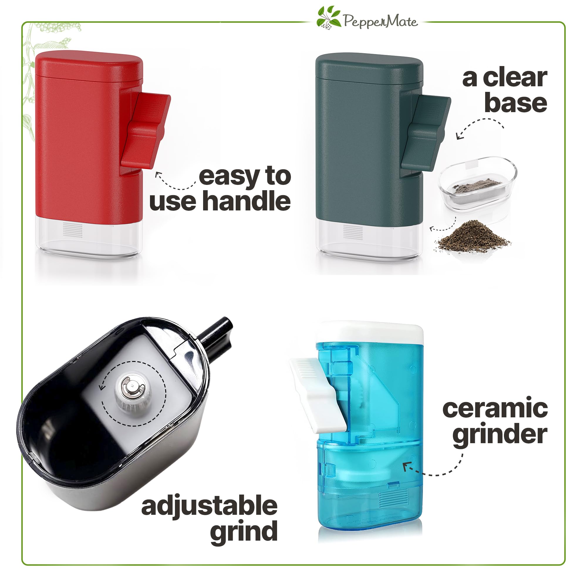 PepperMate crank handle in use grinding peppercorns benefit: smooth manual operation