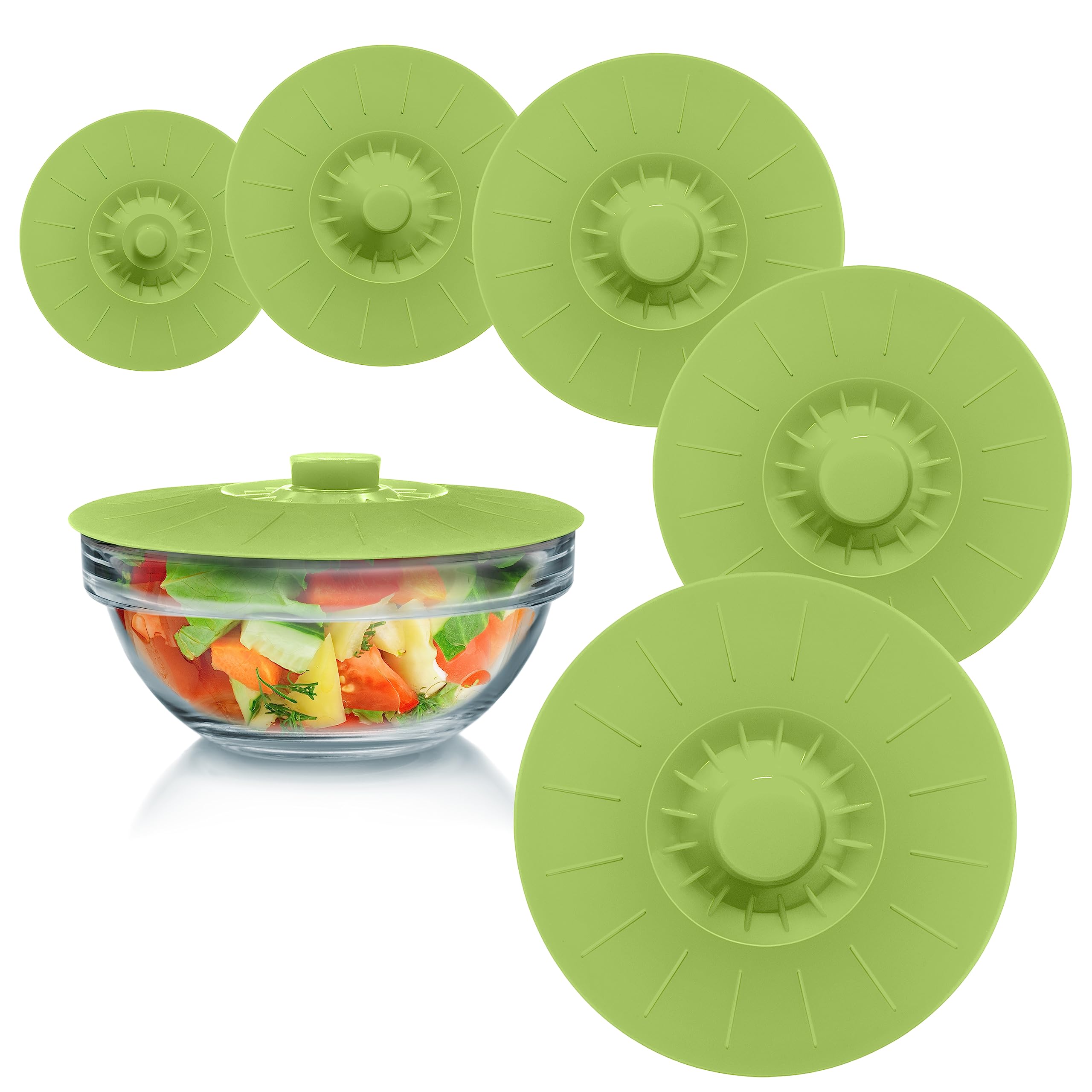 Perfect and Simple front view of green lid set showing five sizes and packaging benefit