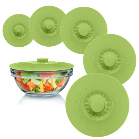Perfect and Simple front view of green lid set showing five sizes and packaging benefit