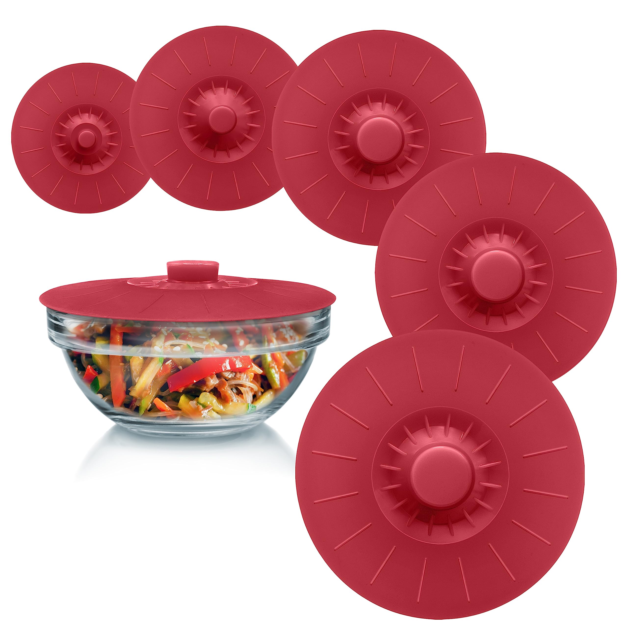 Perfect and Simple front view of five red silicone lids showing sizes and packaging, convenient set