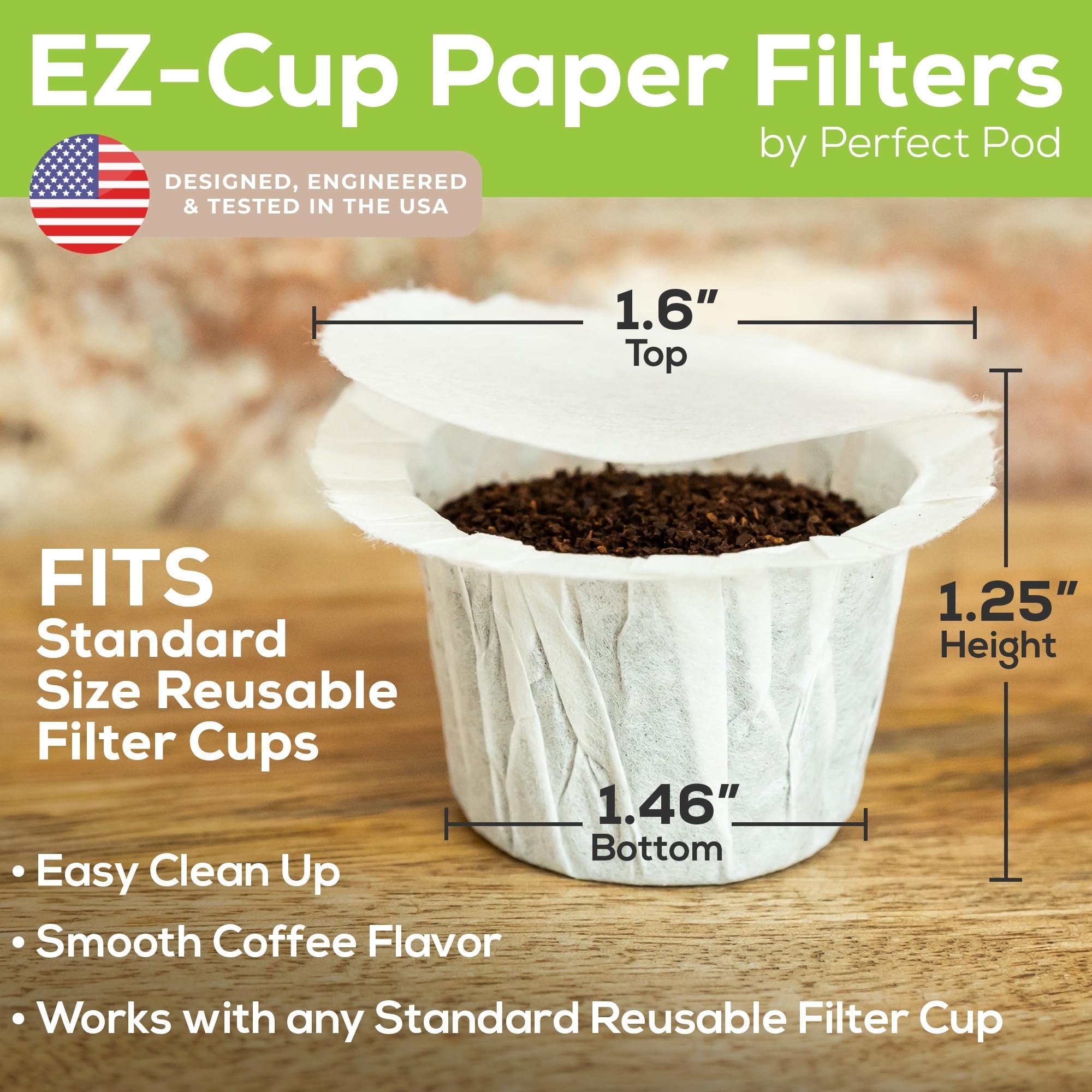 PERFECT POD filter beside coffee beans to show size and brewing portion guidance for custom cups
