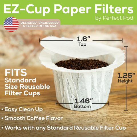 PERFECT POD filter beside coffee beans to show size and brewing portion guidance for custom cups