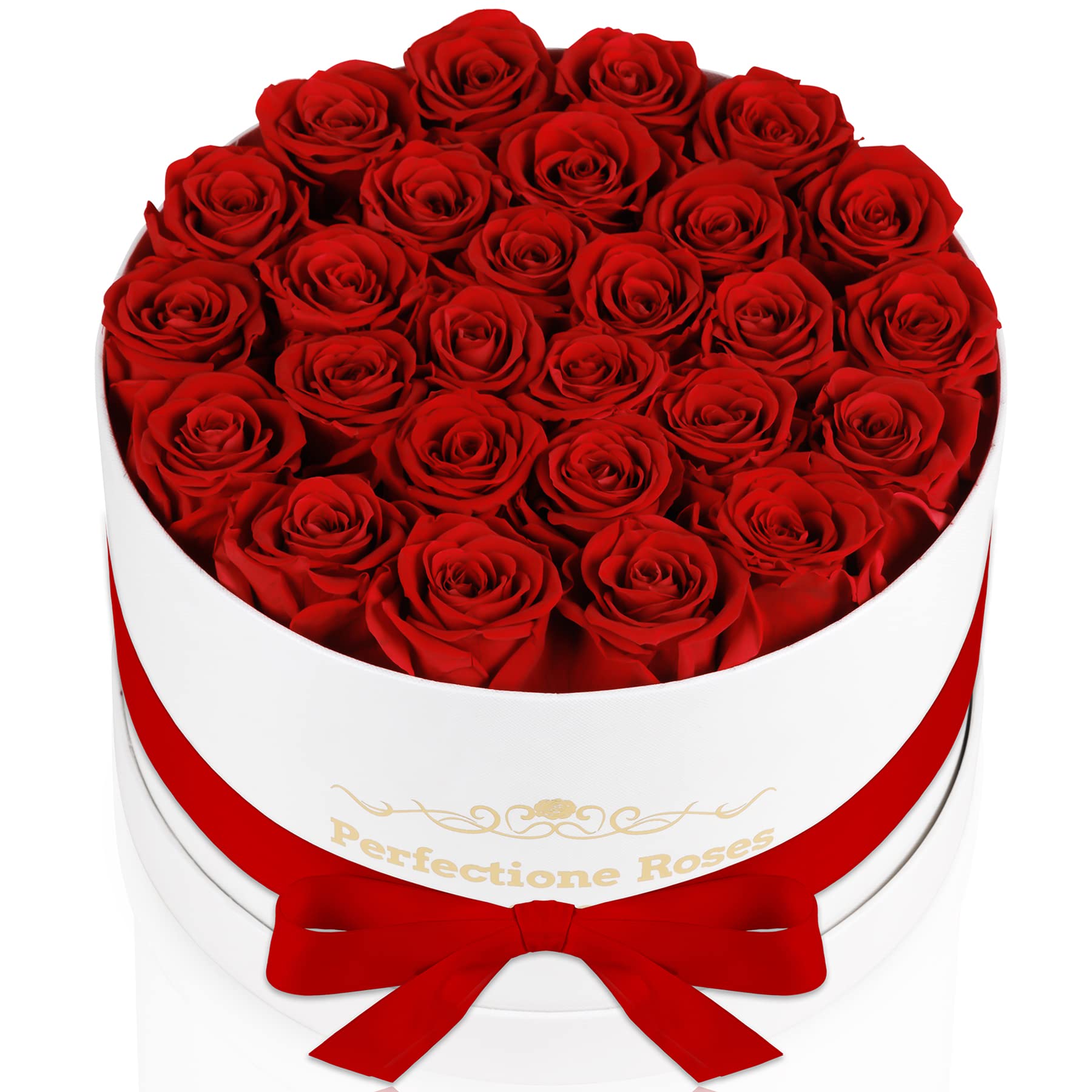 Perfectione Roses front packaging showing 27 red roses, elegant gift ready