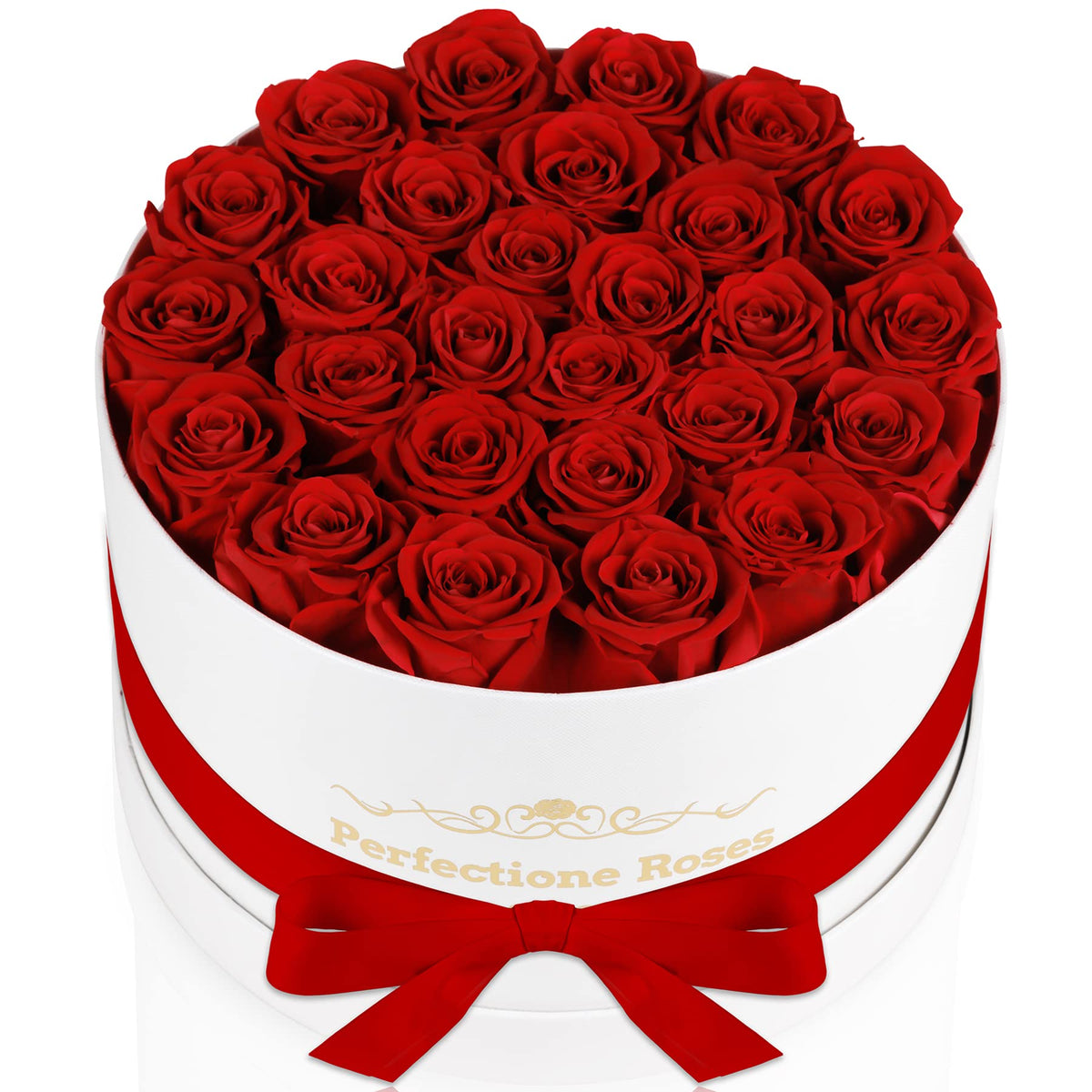 Perfectione Roses front packaging showing 27 red roses, elegant gift ready