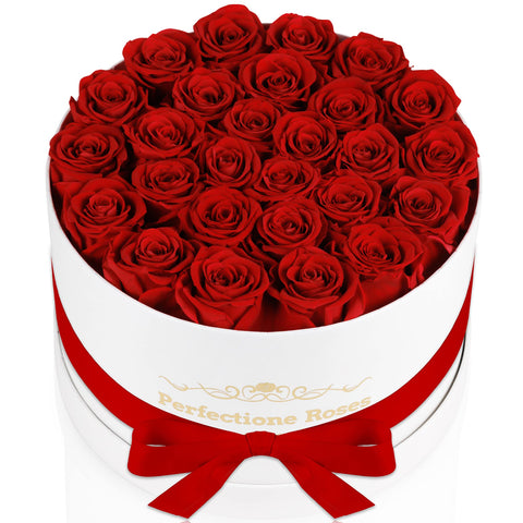 Perfectione Roses front packaging showing 27 red roses, elegant gift ready