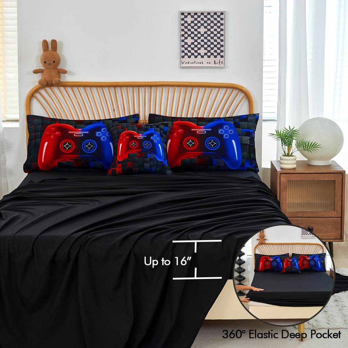 PERFEMET comforter styled on a twin bed in a gamer-themed room showing finished look