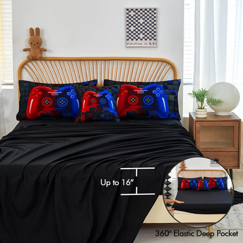 PERFEMET comforter styled on a twin bed in a gamer-themed room showing finished look