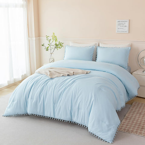 PERFEMET front view of light blue comforter on bed showing full set benefit