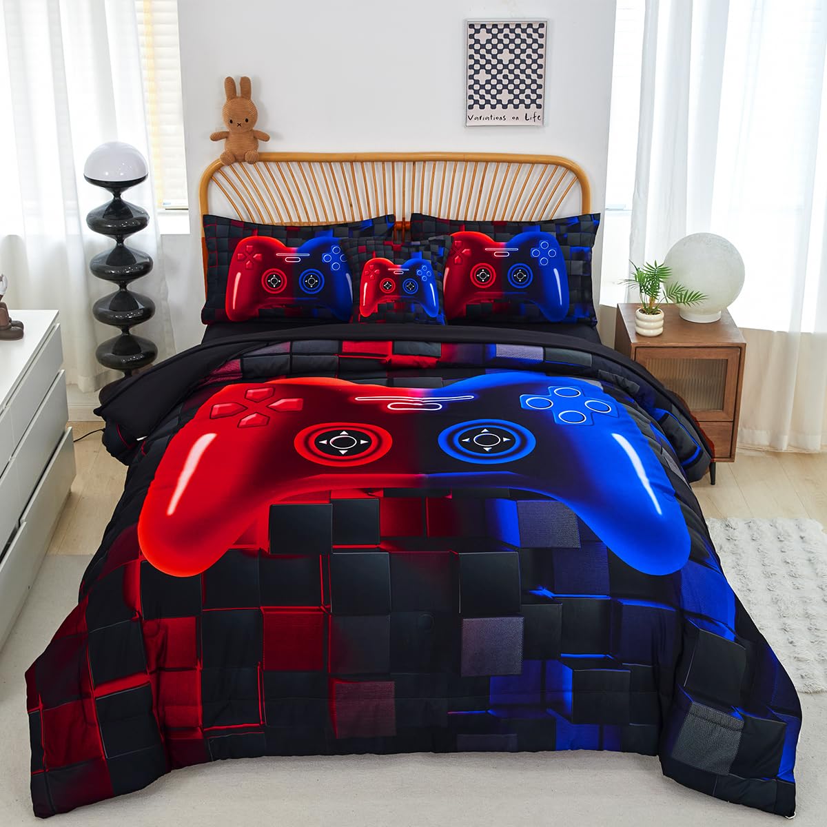 PERFEMET front view of comforter set showing gamepad print and complete pieces for themed room