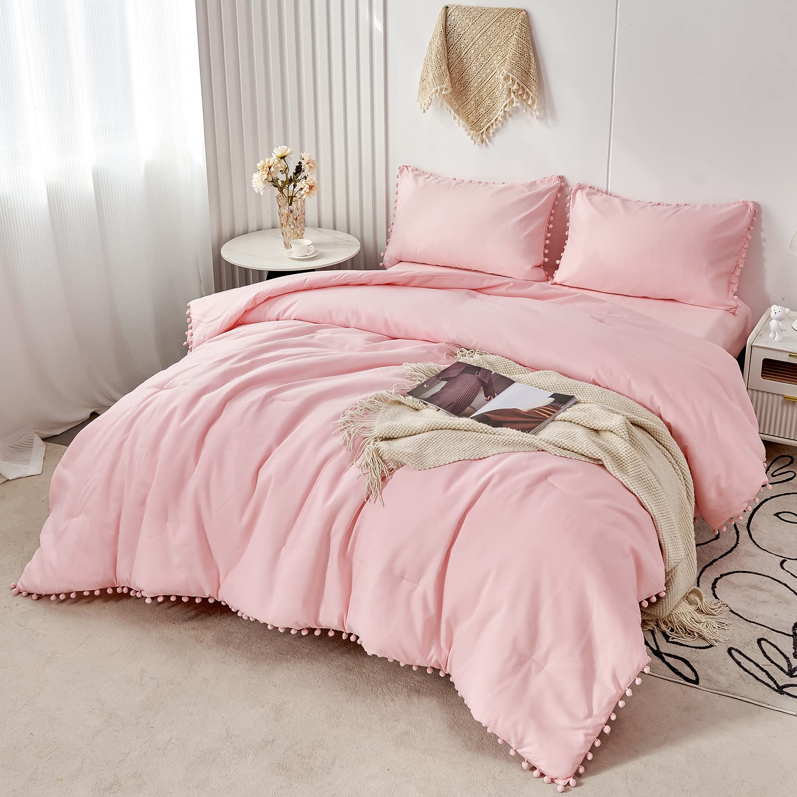 PERFEMET front view of pink pom pom comforter showing full set elegance