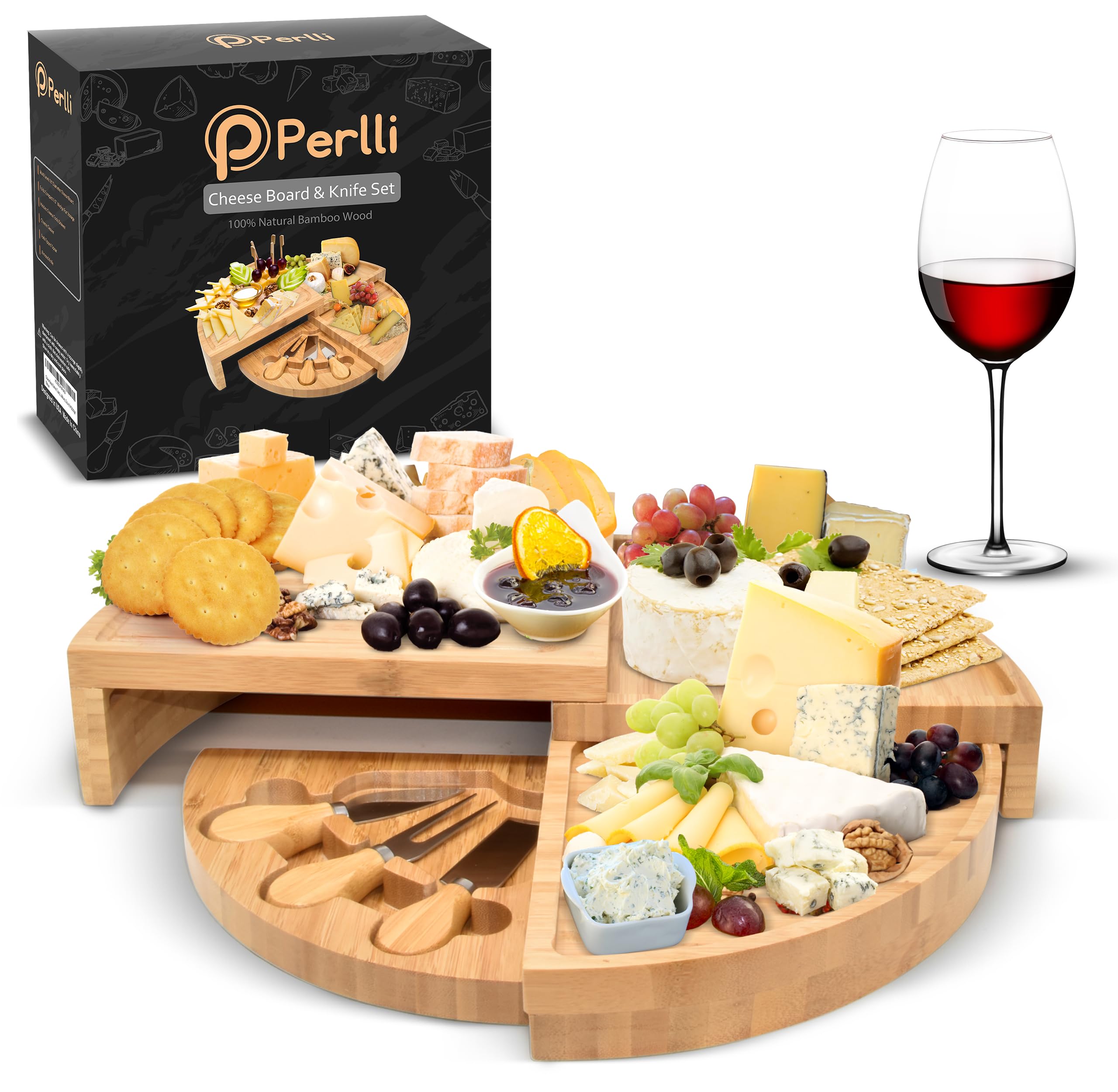 PERLLI front view of full 18-inch round bamboo board showing elegant presentation benefit