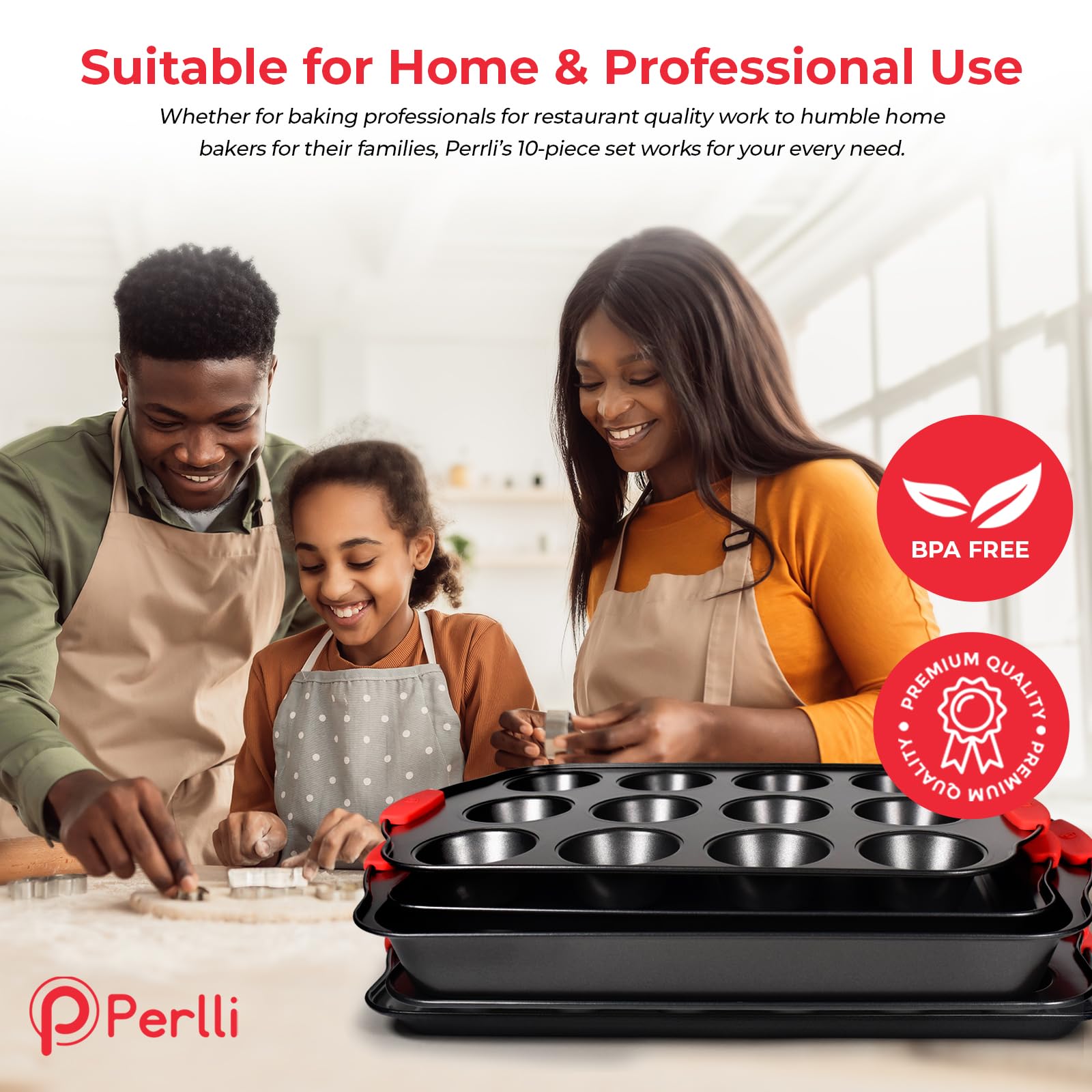 PERLLI loaf and pie pans arranged showing versatile baking sizes