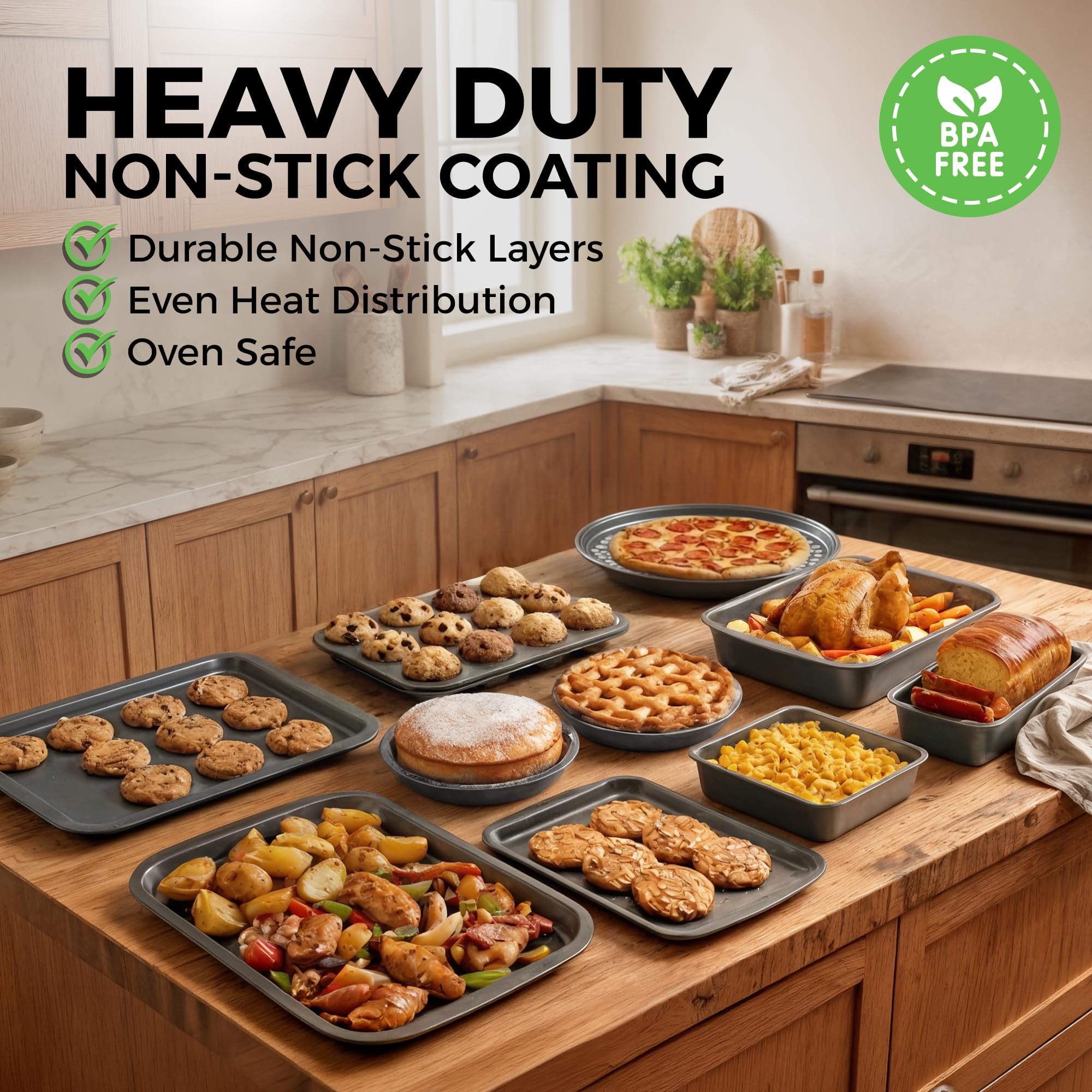 PERLLI muffin pan filled with baked muffins illustrating quick release and uniform rise