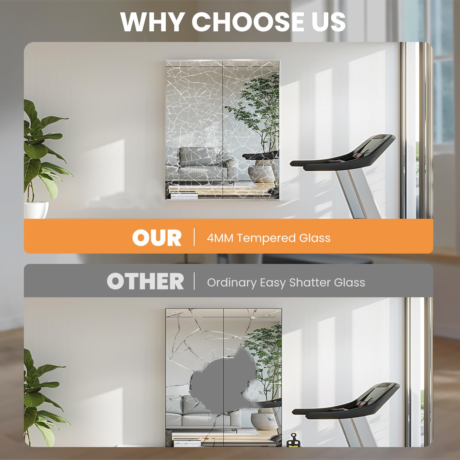 pertetey in home gym setting showing clear reflection for workout benefit