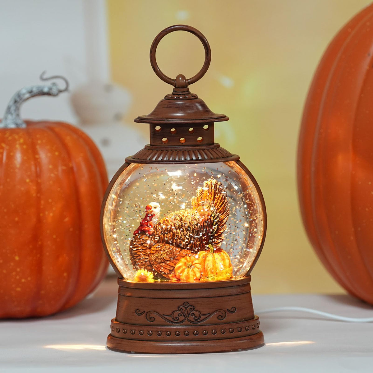 PestiLite front view of turkey pumpkin globe showing fall charm and decorative glow