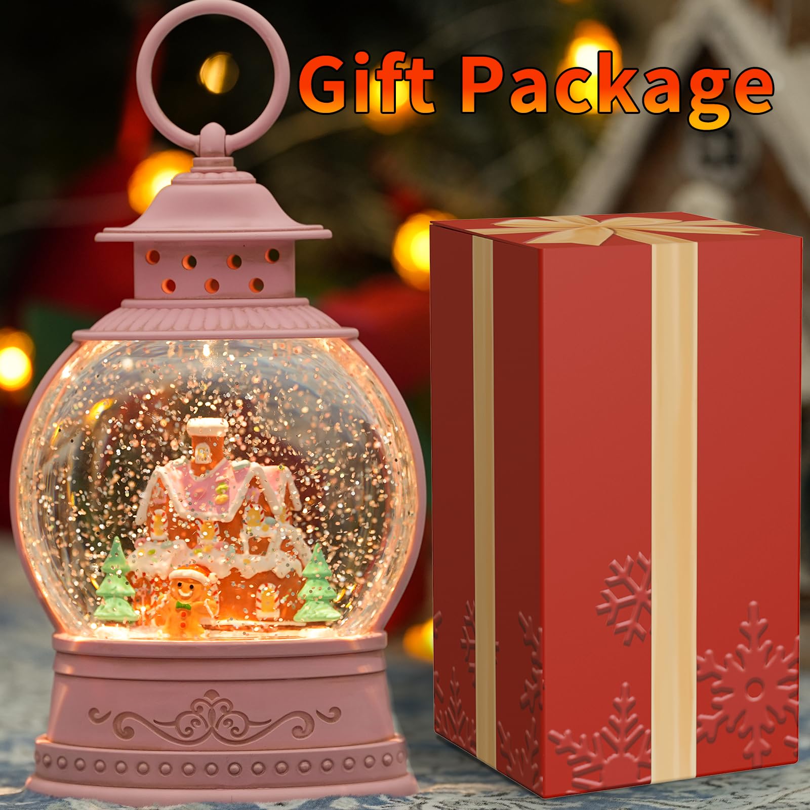 PestiLite snow globe on decorated shelf with ornaments, provides festive lifestyle inspiration