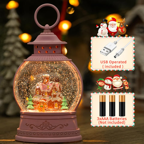 PestiLite snow globe with swirling glitter in motion, shows enchanting rotating snow effect