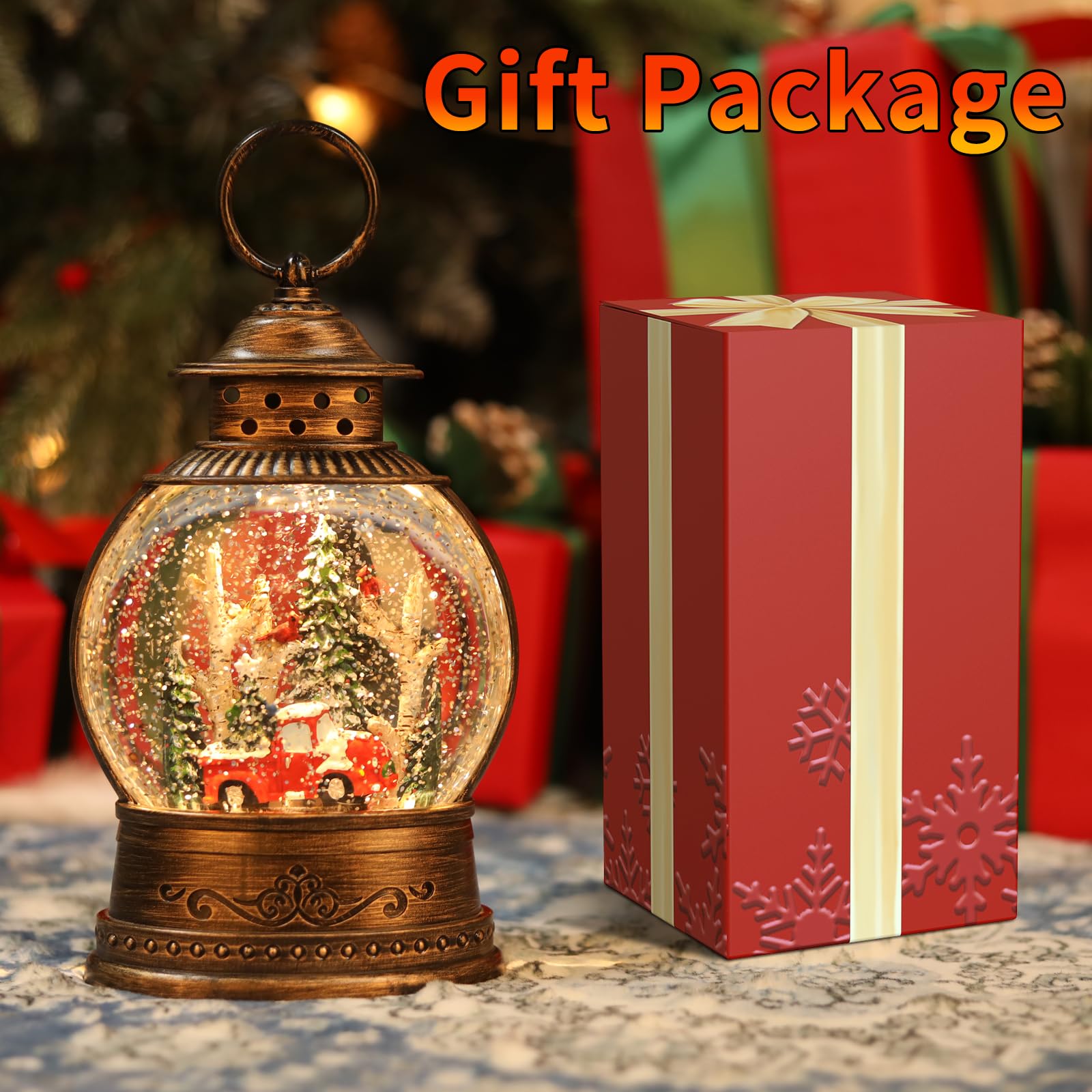 PestiLite snow globe lit at night creating warm holiday ambiance