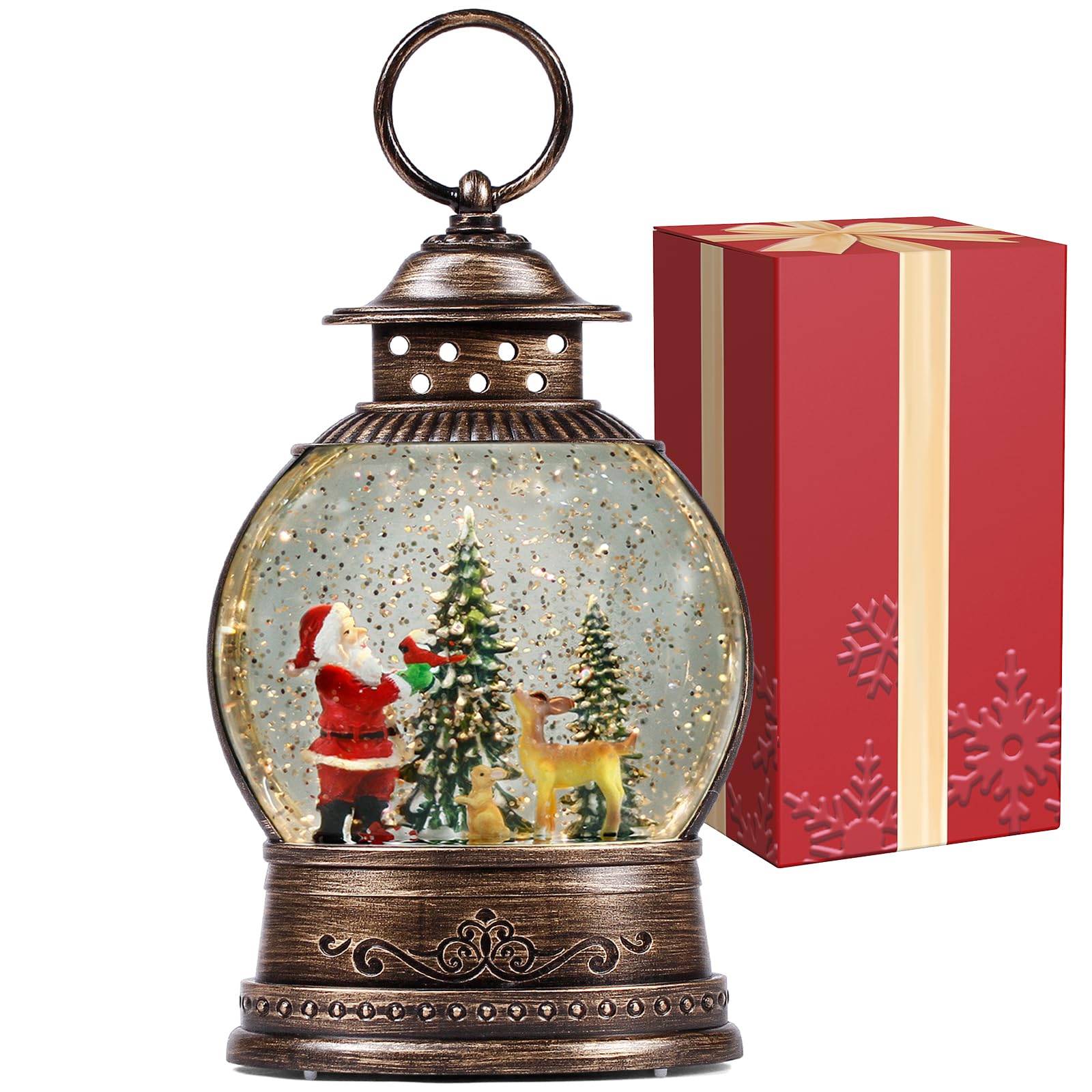 PestiLite front view of Santa snow globe showing festive lantern glow and charm