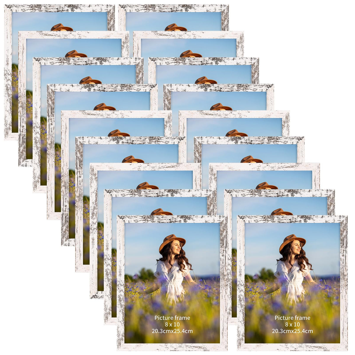 PETAFLOP front view of stacked distressed white 8x10 frames showing cohesive set benefit