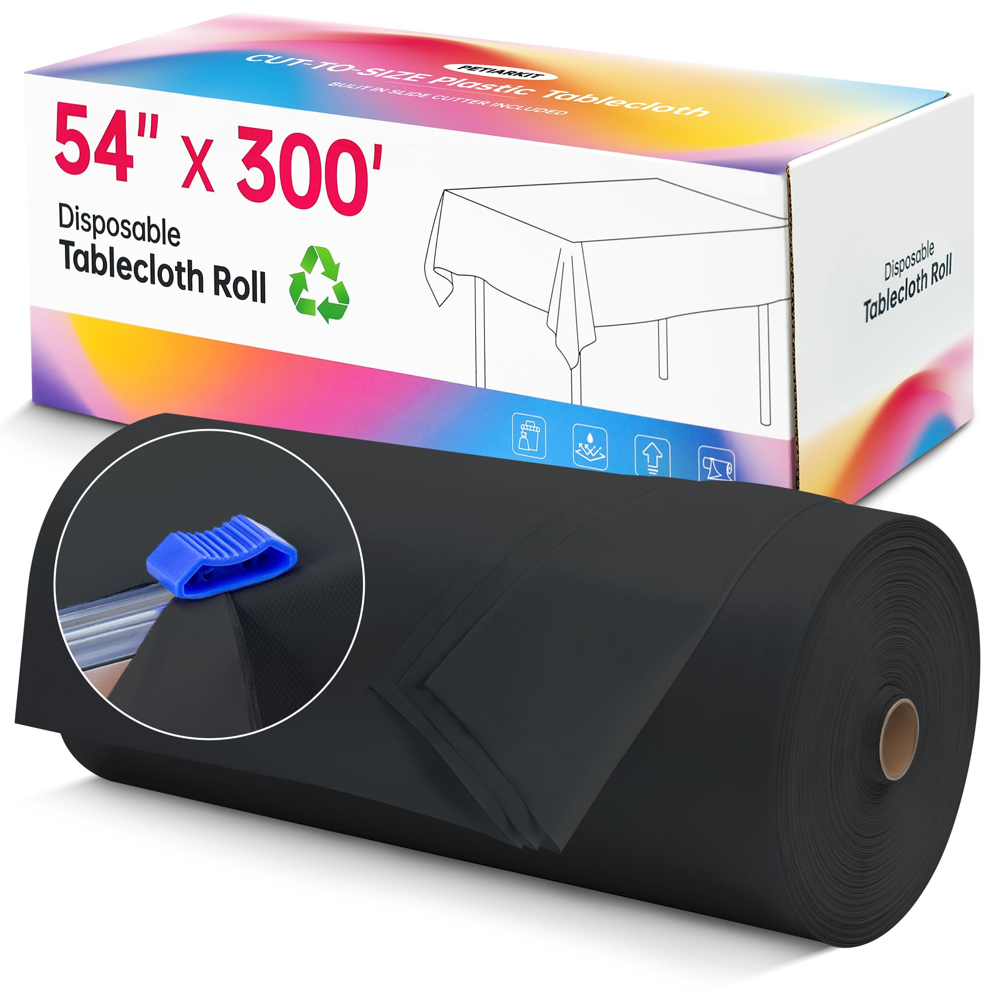 PETIARKIT front packaging showing black tablecloth roll and built-in cutter benefits