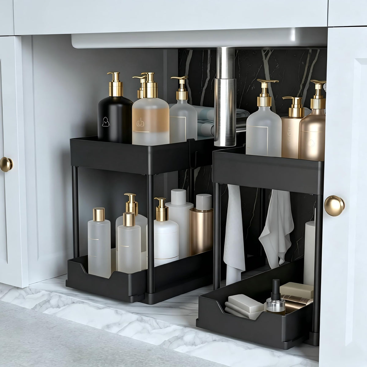 petisal front view of two-tier organizer showing tidy storage and easy access