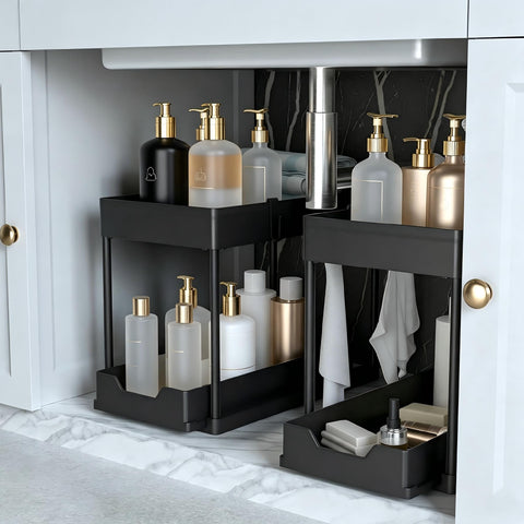 petisal front view of two-tier organizer showing tidy storage and easy access