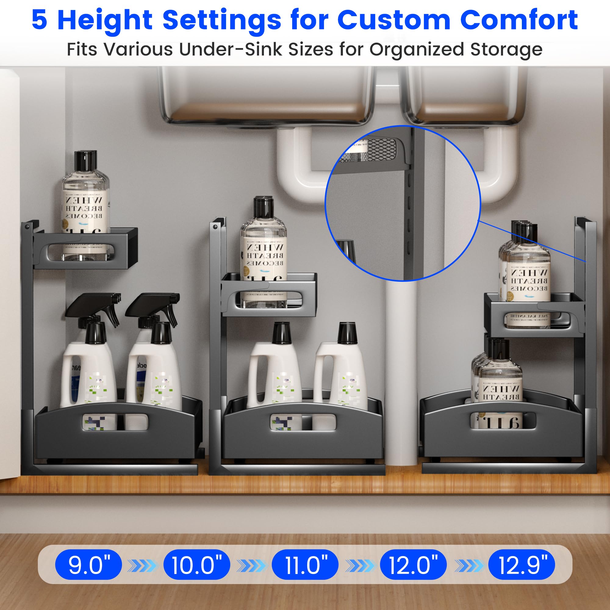 Petiza bottom tier holding tall bottles upright to maximize vertical storage