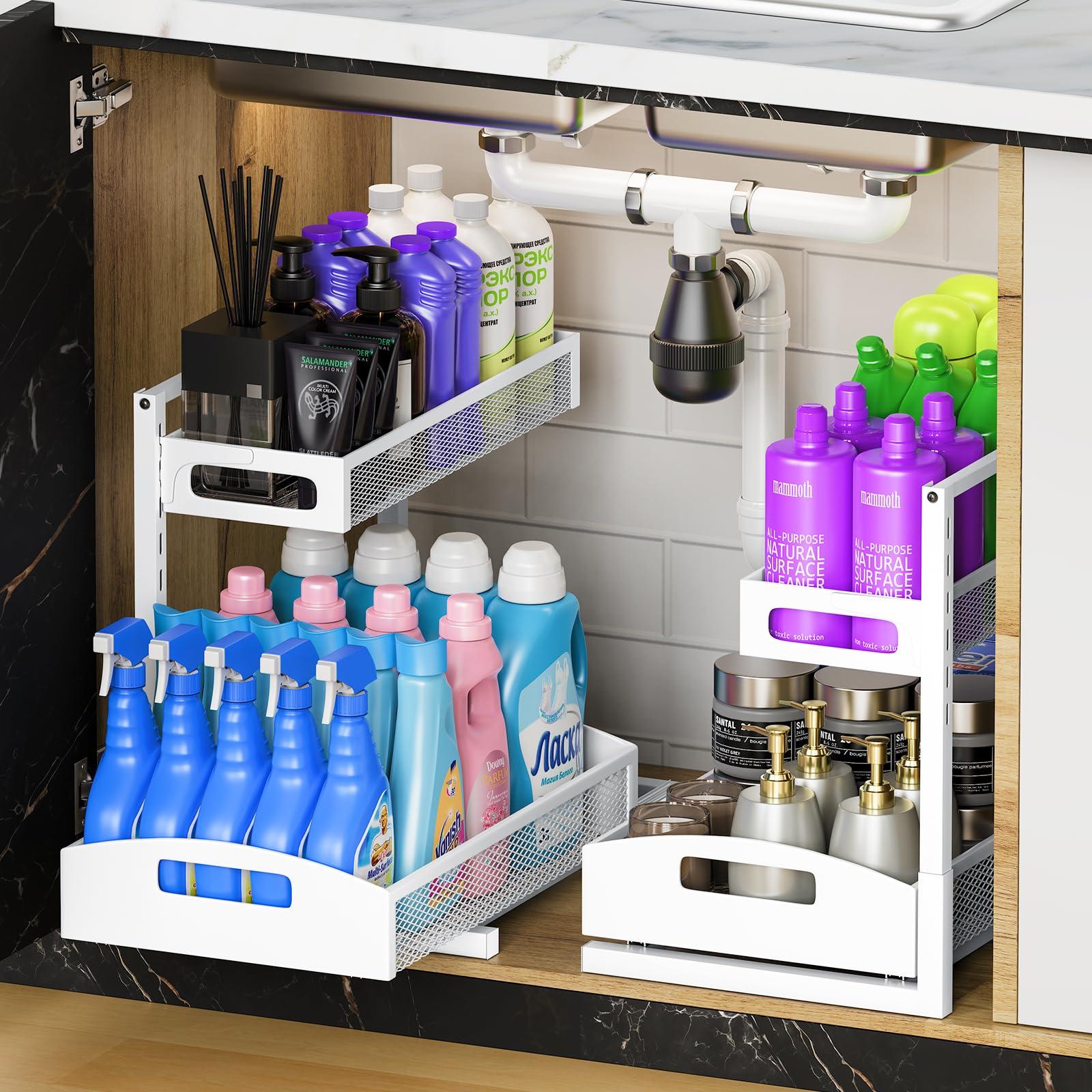 Petiza front view of 2-pack under sink organizers showing compact storage benefit