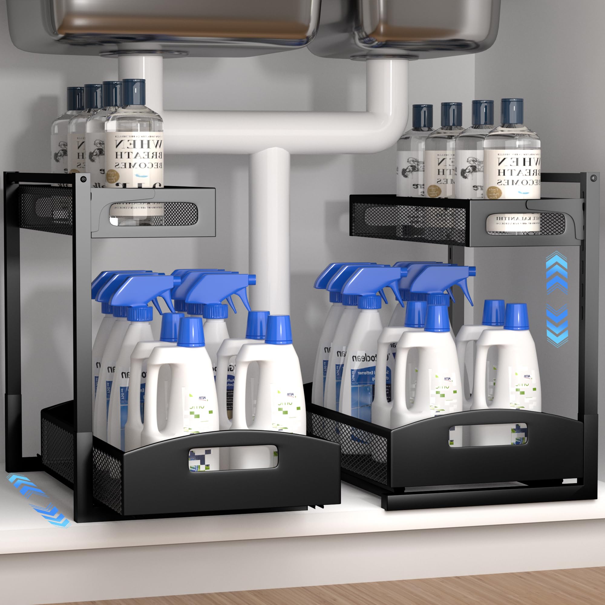 Petiza front view under-sink organizer showing two-tier storage for easy access
