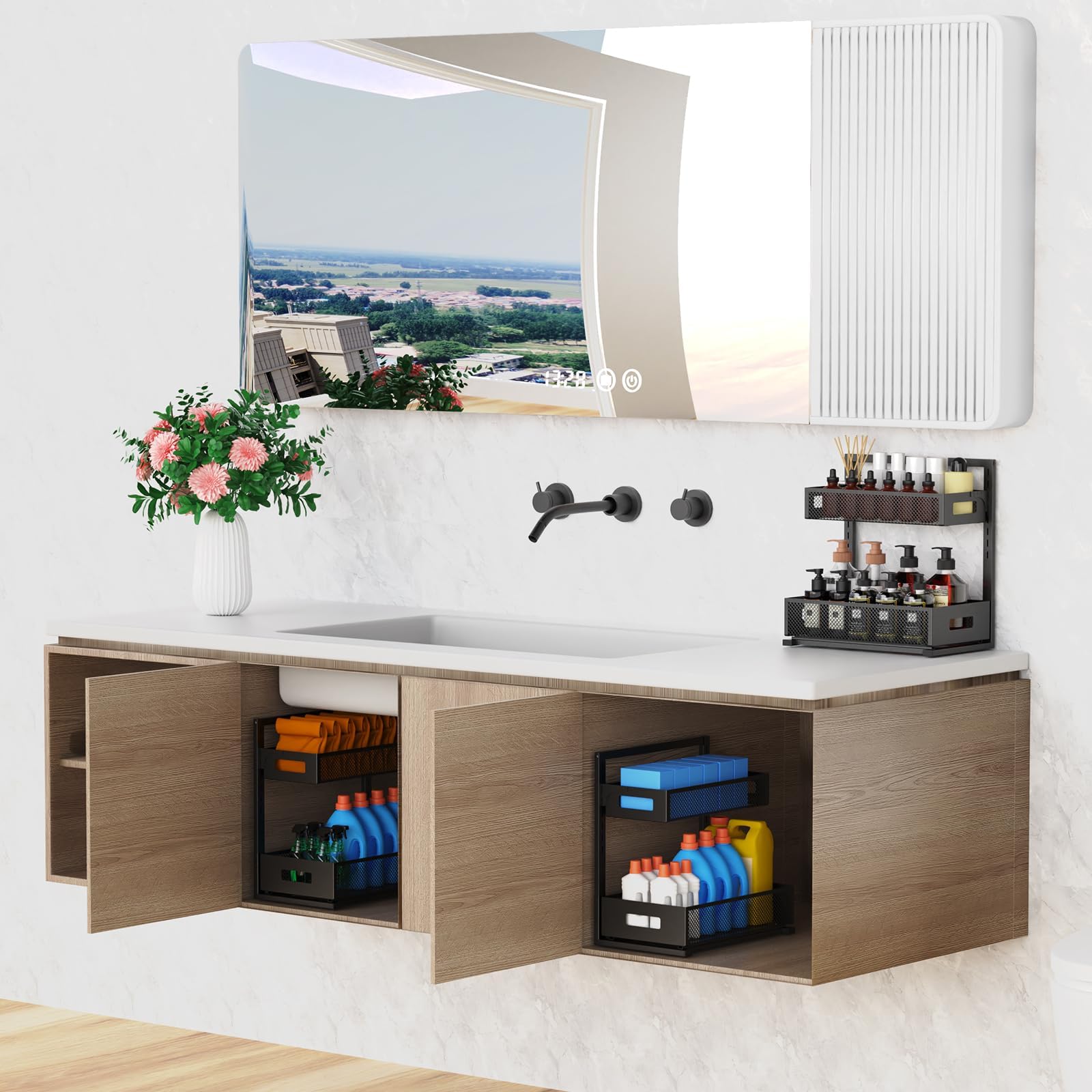 Petiza staged in a bathroom vanity highlighting clutter-free convenience benefit