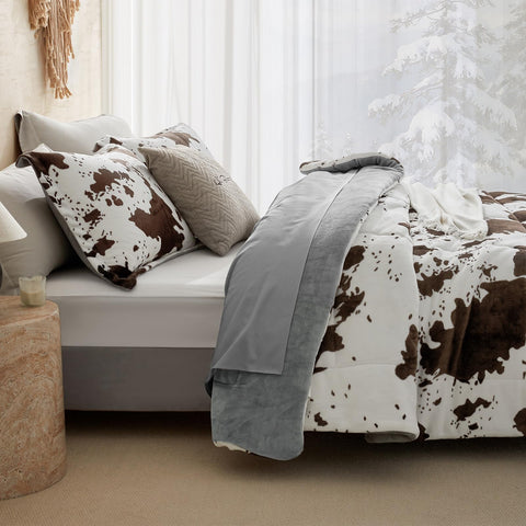 Petrichor comforter on queen bed demonstrates full coverage and drape