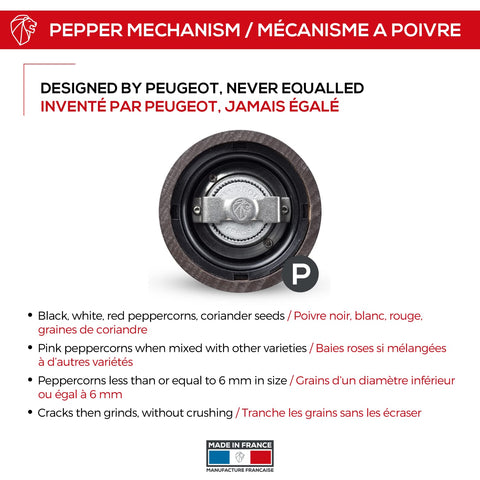 Peugeot Paris mill next to a ruler showing the 11-inch height for clear scale and countertop fit