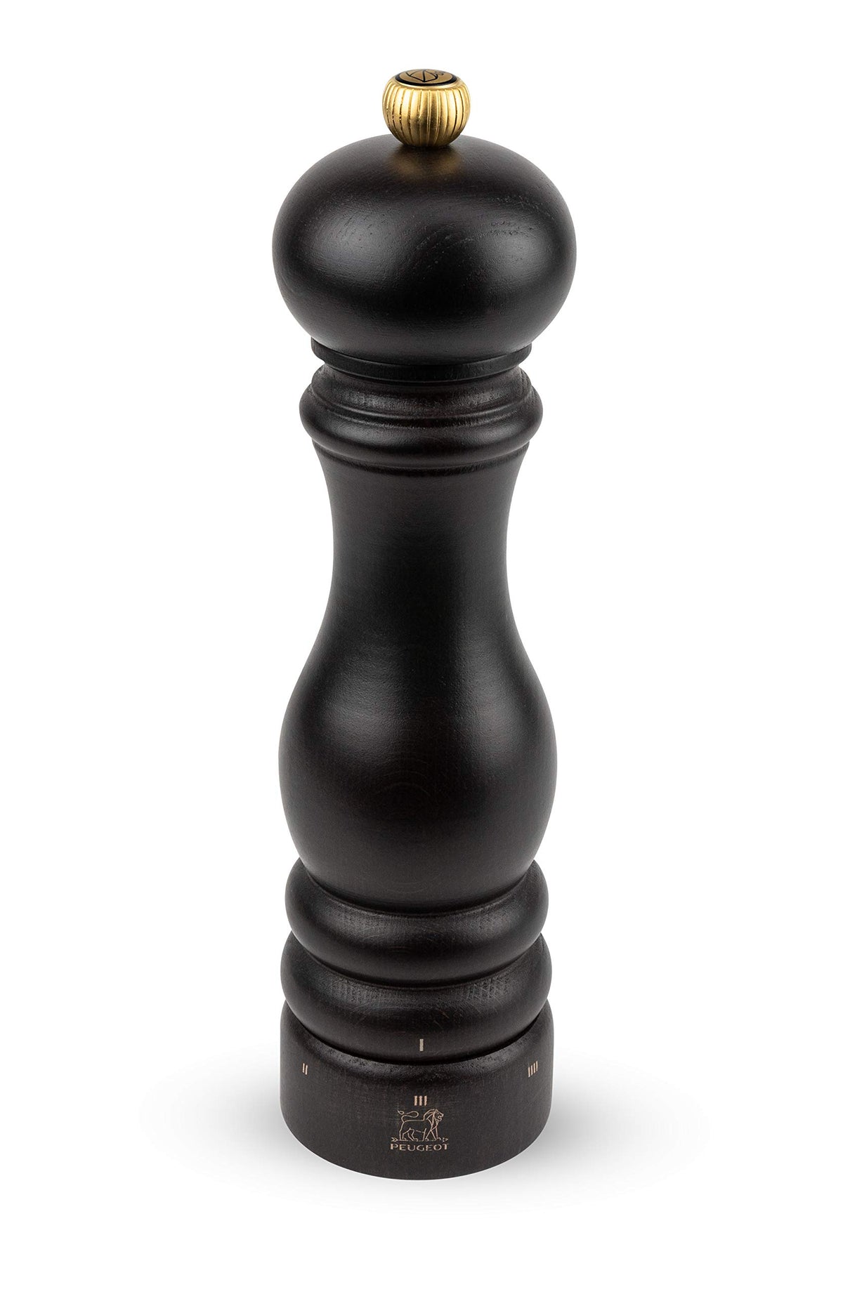 Peugeot Paris pepper mill front view showing chocolate finish and elegant silhouette