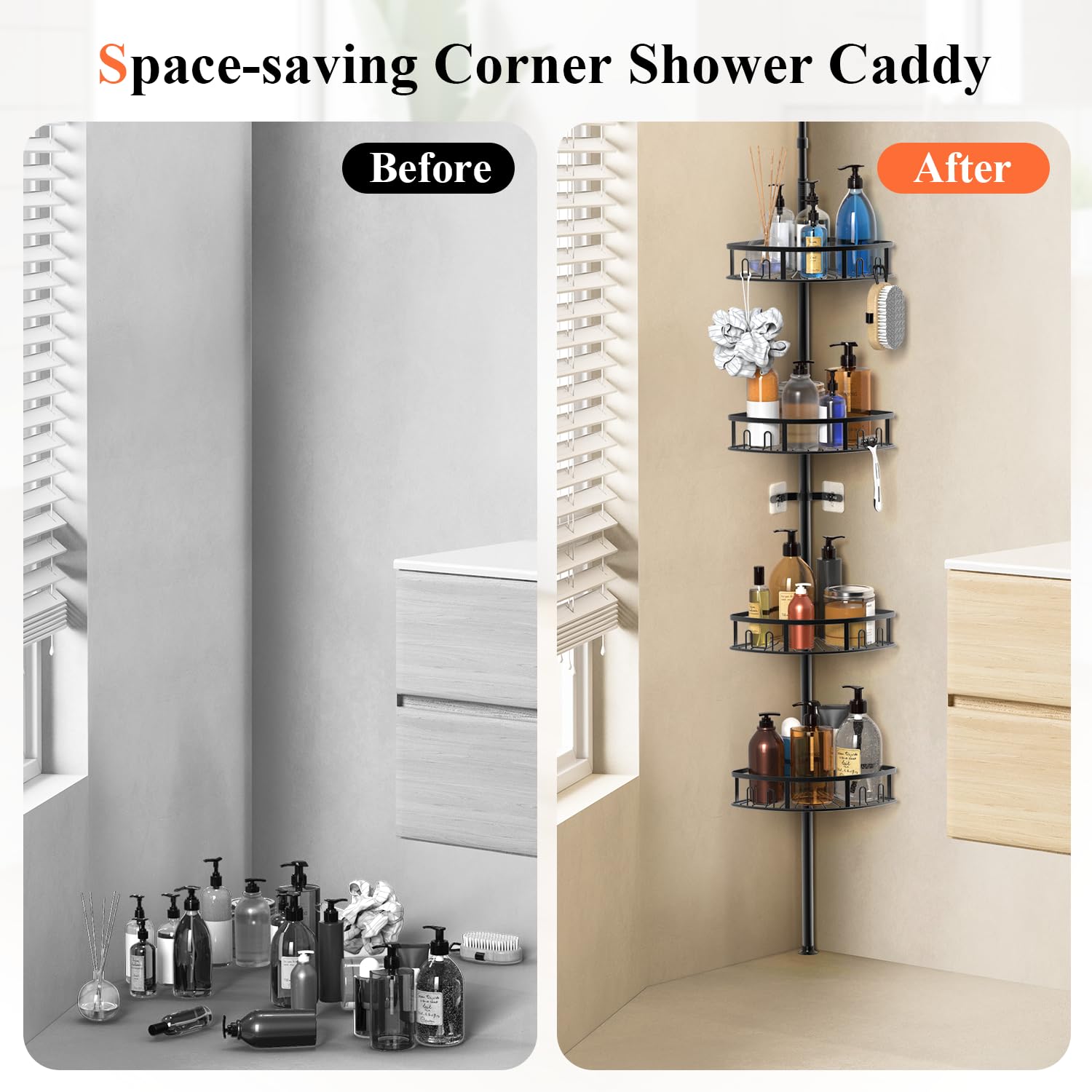 Peyulia corner caddy in bathroom lifestyle scene showing clutter-free shower benefit