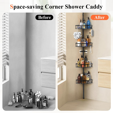 Peyulia corner caddy in bathroom lifestyle scene showing clutter-free shower benefit