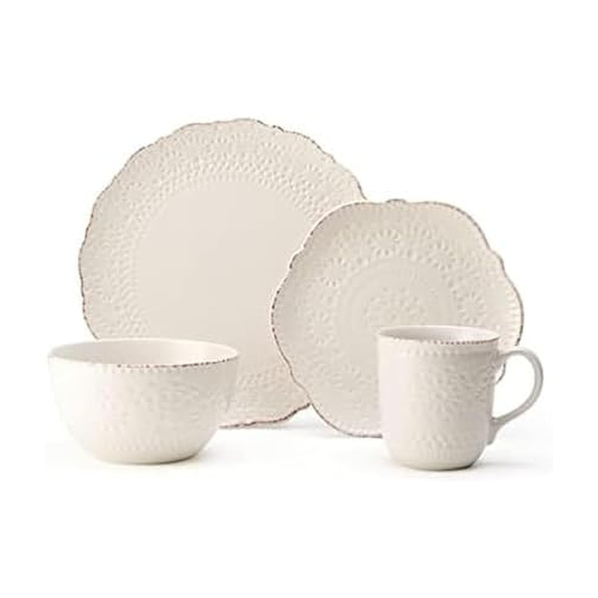 Pfaltzgraff front view of Chateau Cream set showing cohesive design and durability