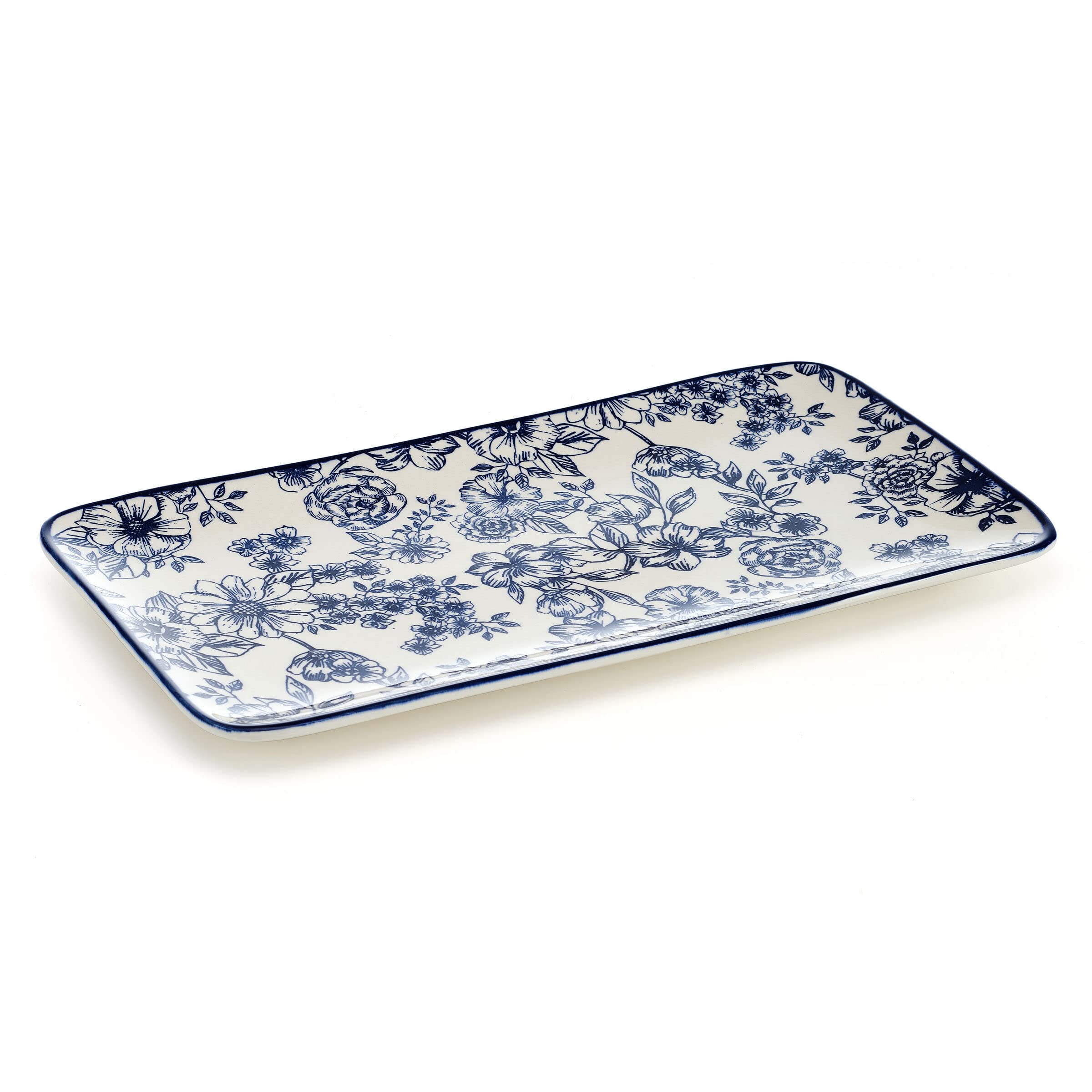 Pfaltzgraff close-up of vivid blue floral pattern interior for eye-catching plating