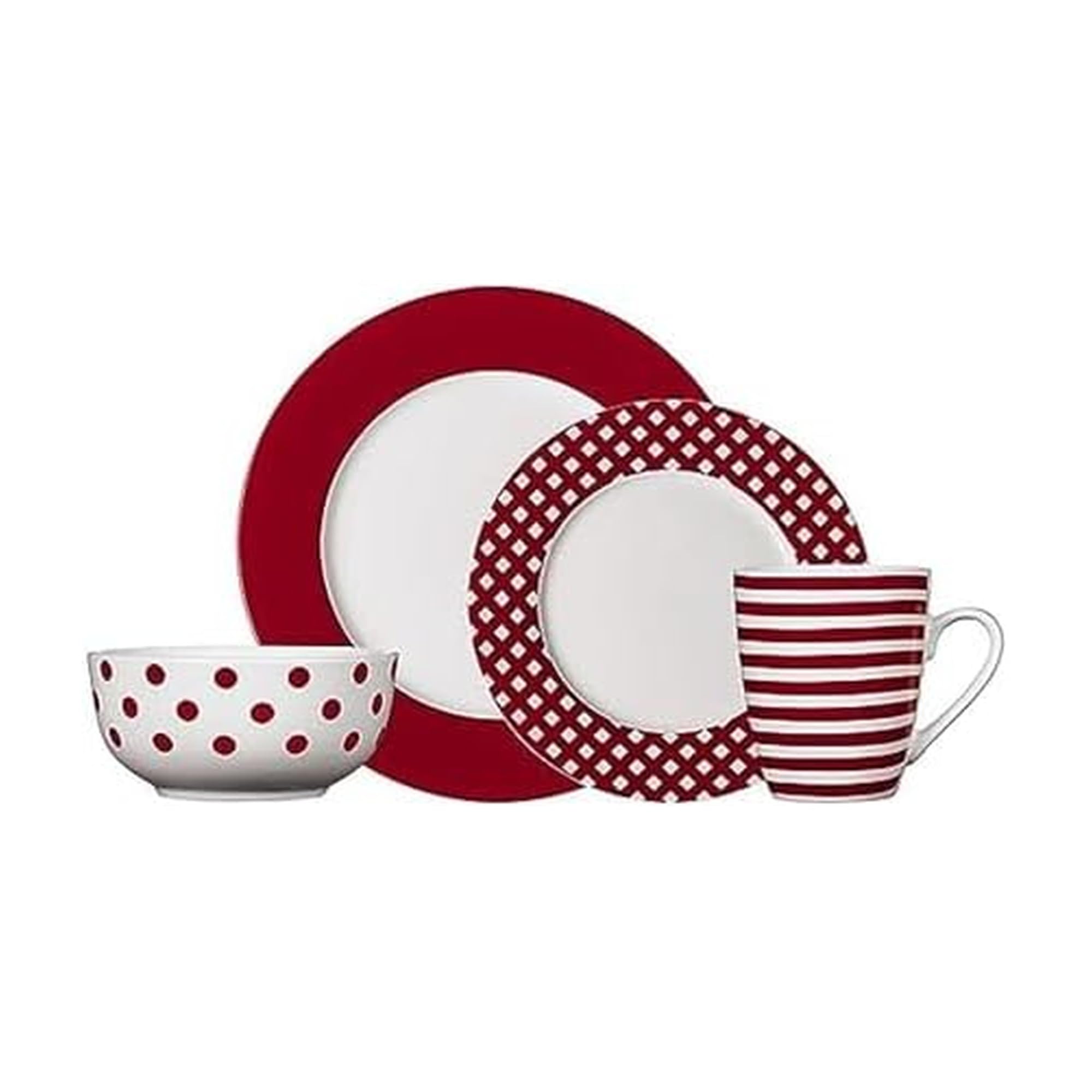 Pfaltzgraff Kenna Red front packaging showing full 16-piece set and organized boxes