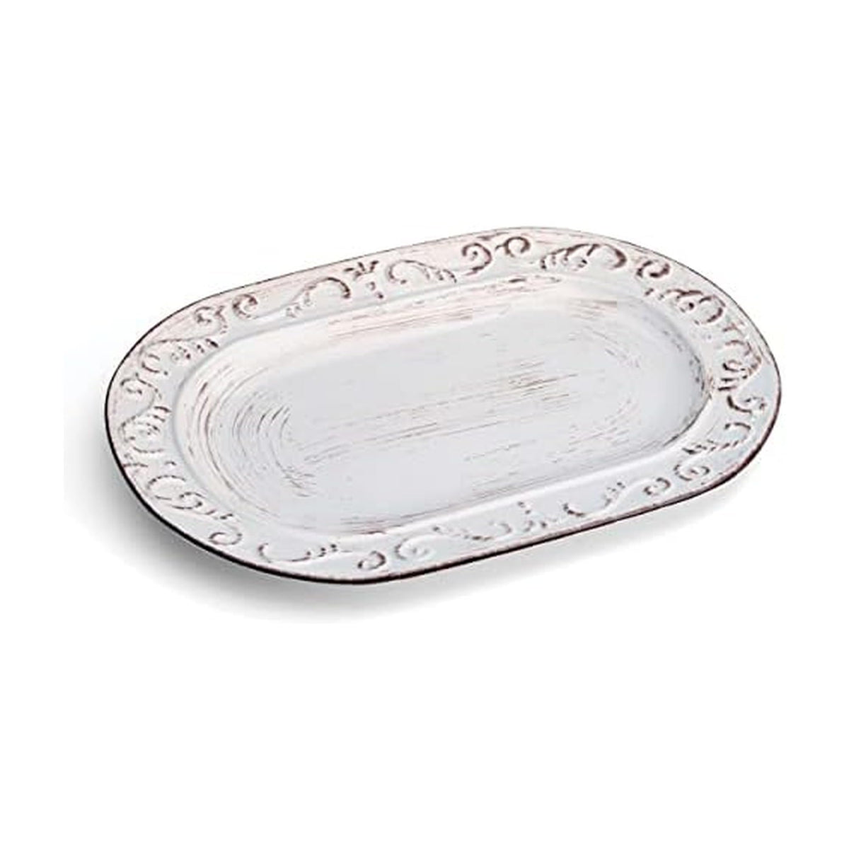 Pfaltzgraff Trellis front view showing oval shape and rustic white finish for elegant serving